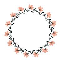 Hand drawn floral wreath with pink flowers and leaves in flat style. Circular botanical frame on white background. vector