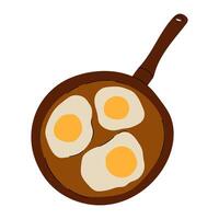 Frying pan with three sunny-side-up eggs, viewed from above. Ideal for food, breakfast, cooking, or kitchen-related content. Simple flat design style. Stock Illustration. vector