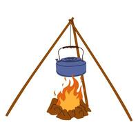 Camping kettle hanging over open fire with tripod stand, boiling water outdoors on campfire. Simple rustic cooking method in wilderness. Stock Illustration. vector