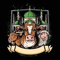 happy EID adha a cow and sheep in front of a mosque vector