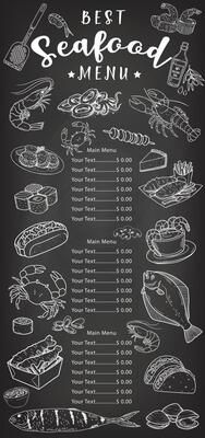 The seafood menu design prepared with hand-drawn on a chalkboard perfectly fits the vintage restaurant concept.