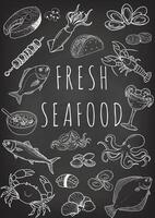 Fish restaurant menu design created with white chalk effect on a black background. vector
