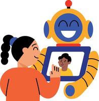 A flat style illustration showing a person doing robot interaction vector