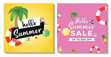 Yellow and pink color hello summer post template vector