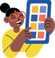 A flat style illustration of a person showing a person using mobile interface vector