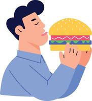 A flat style illustration showing person eating burger with joy vector
