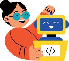A flat style illustration showing a person laughing with coding robot vector