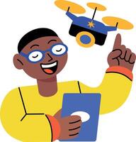 Flat style illustration showing a character flying an ai drone vector
