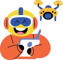A flat style illustration showing a character flying drone vector