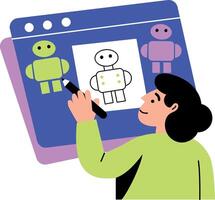 Flat style illustration showing a character making robot blueprint vector