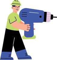 Flat illustration showing a factory worker holding a drill machine vector