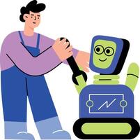 A flat style illustration showing a robot technician vector