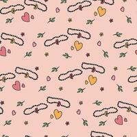 Seamless pattern with hand drawn doodle two matching bracelets with beads and halves of one flower, heart shapes and leaves on light pink background vector