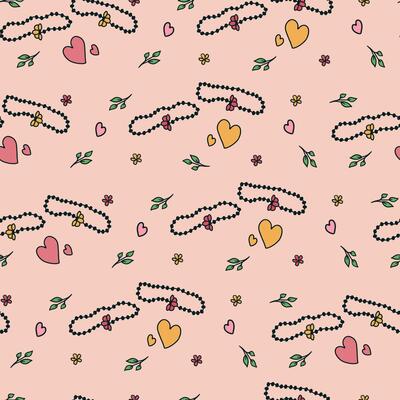 Seamless pattern with hand drawn doodle two matching bracelets with beads and halves of one flower, heart shapes and leaves on light pink background
