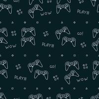 Seamless pattern with hand drawn doodle gamepads and handwritten games lettering, cute game controllers. White doodles on dark background vector