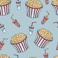Seamless pattern with hand drawn doodle striped popcorn bucket and disposable paper cups for soda, cold drinks vector