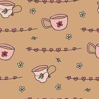 Seamless pattern with hand drawn doodle hot drink cup with floral pattern and heart shaped garland. A mug of coffee or tea with flower. vector