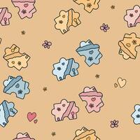 Seamless pattern hand drawn doodle simple two jigsaw puzzle pieces decorated with heart shape, flower, balloon vector