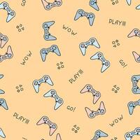 Seamless pattern with hand drawn doodle gamepads and handwritten games lettering, cute colorful game controllers background vector