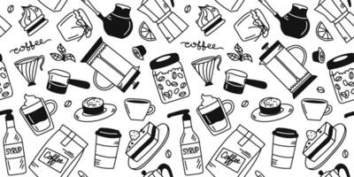 Seamless continuous pattern coffee, drink, grain and dessert. Hand drawn linear isolated illustration vector