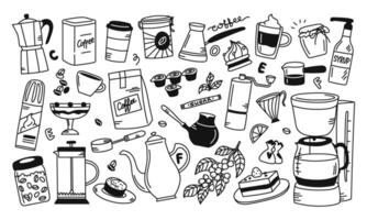 Doodle set of coffee, berries, coffee beans, sweets. Group of objects. Hand drawn linear isolated illustration vector