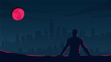 Meditative figure under moonlight with patriotic tone and mountain view video