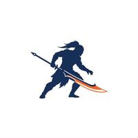 Logo design of a man with a ponytail holding a sword vector