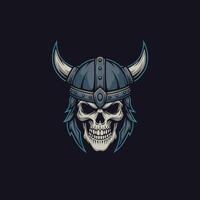 Skull in Viking helmet with horns logo design on a black background vector