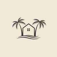House with palm trees located in front of a beach logo design vector