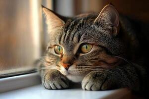 A cat laying on a window sill looking out the window photo