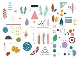 Colorful abstract graphic design elements featuring geometric shapes, leaves, and botanical patterns vector