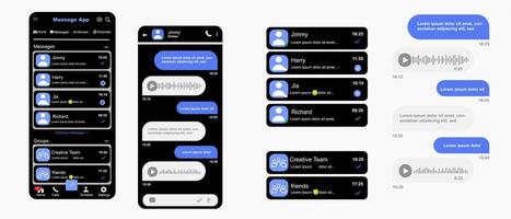 Dark Mode Messaging App UI, Modern Chat Interface Screens for Mobile vector