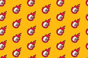 wheels skateboard with fire colorful pattern on yellow background. wheels skating with flame burning doodle seamless pattern background for skateboard sport and skate parts shop merchandise vector