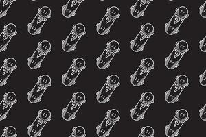skateboard with fire motif line art seamless pattern on black background. retro skateboard with flame engraving hatching pattern background for skateboard sport and skate parts shop merchandise vector