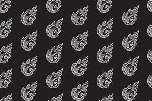 wheel skater with fire motif line art seamless pattern on black background. retro wheel skating with flame engraving hatching pattern background for skateboard sport and skate parts shop merchandise vector