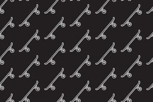 skateboard with side view line art seamless pattern on black background. retro skateboard engraving hatching pattern background for skateboard sport and skate parts shop merchandise vector