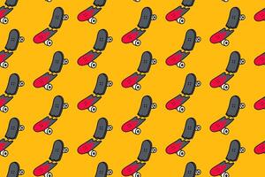 broken skateboard with fire motif colorful pattern on yellow background. breaking board with flame burning doodle seamless pattern background for skateboard sport and skate parts shop merchandise vector
