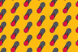 skateboard with fire motif colorful pattern on yellow background. skater board with flame burning doodle seamless pattern background for skateboard sport and skate parts shop merchandise vector