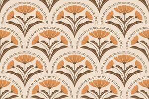 Seamless floral pattern showing yellow daisies with brown leaves complemented by dotted curves creating a rhythmic and elegant design on a soft yellow background. vector