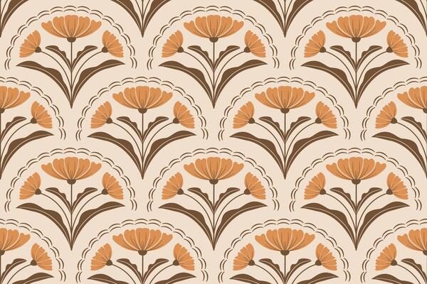 Seamless floral pattern showing yellow daisies with brown leaves complemented by dotted curves creating a rhythmic and elegant design on a soft yellow background.