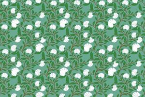 Seamless floral pattern of green leaves and small branches on a light green background with white flowers. Foliage design with natural elements suitable for watercolor projects in nature theme. vector
