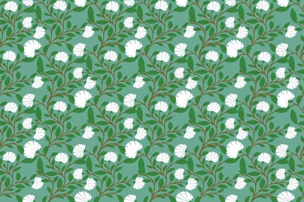 Seamless floral pattern of green leaves and small branches on a light green background with white flowers. Foliage design with natural elements suitable for watercolor projects in nature theme.