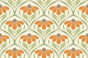 Seamless floral pattern showing yellow daisies with green leaves and brown tips complemented by dotted curves creating a rhythmic and elegant design on a soft yellow background. vector