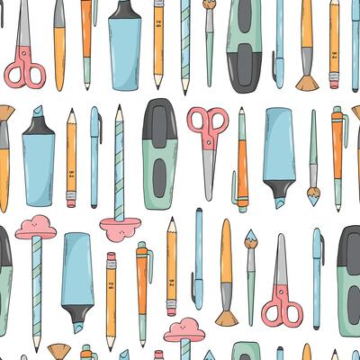 Back to school, school supplies, stationery doodles seamless pattern for wallpaper, backgrounds, prints, wrapping paper, packaging, scrapbooking, etc. EPS 10