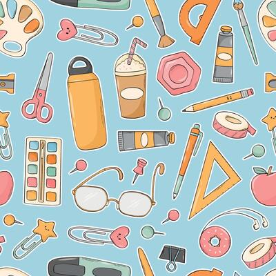 School doodles seamless pattern on blue background for stationery, wallpaper, backgrounds, prints, scrapbooking, covers, wrapping paper, etc. EPS 10