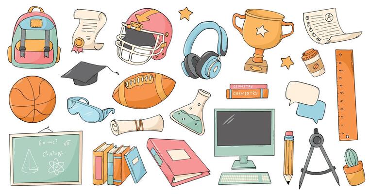 School doodles, university and high school cartoon elements set for stickers, cards, prints, social media, stationery, etc. EPS 10