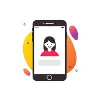 Flat design illustration of a smartphone screen displaying a user profile avatar, with colorful abstract shapes in the background. vector