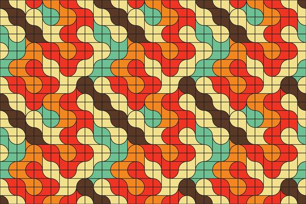 Artistic mosaic pattern of abstract metaball shapes in a retro color palette, forming a smooth, seamless geometric layout