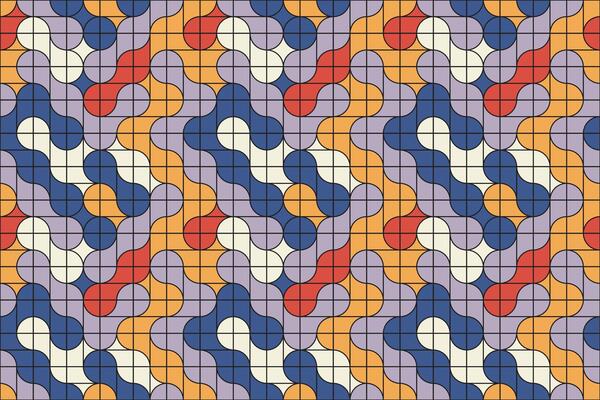 Bold and vibrant retro abstract background with interlocking metaball tiles forming a continuous and harmonious geometric pattern