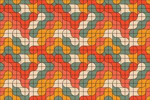 Colorful curved metaball shapes in red, green, yellow, and cream arranged in a geometric seamless pattern resembling vintage tile art vector